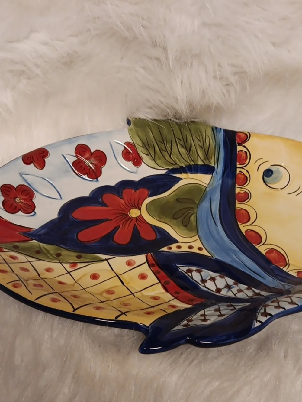 Hand-Painted Fish Ceramic Platter in Yellow, Blue & Red